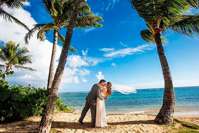 Newlyweds kissing after their beach wedding in Hawaii under palm trees