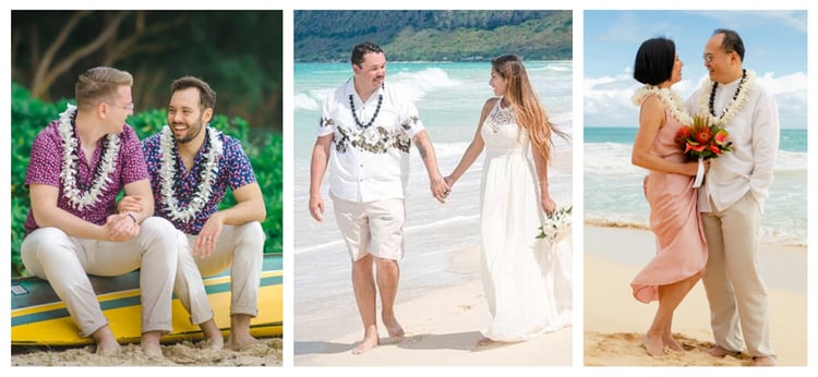 Three couples showing off casual Hawaii wedding attire
