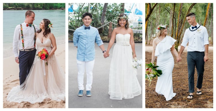 Three couples showing semi-casual Hawaii wedding attire