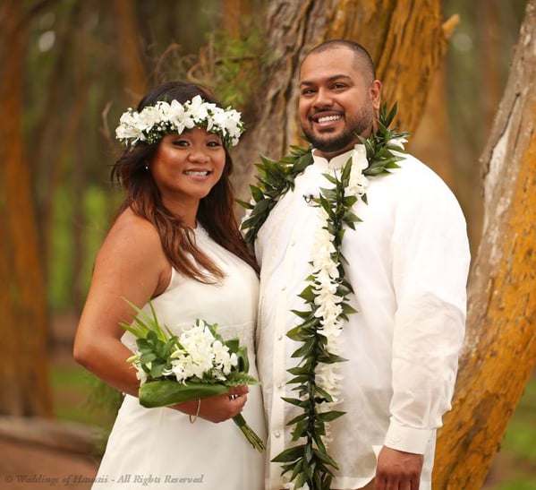 Hawaiian wedding florals: haku lei, maile lei, bouquet