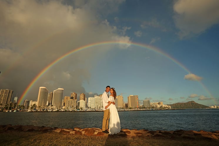 Hawaii beach wedding at Magic Island with a double rainbow