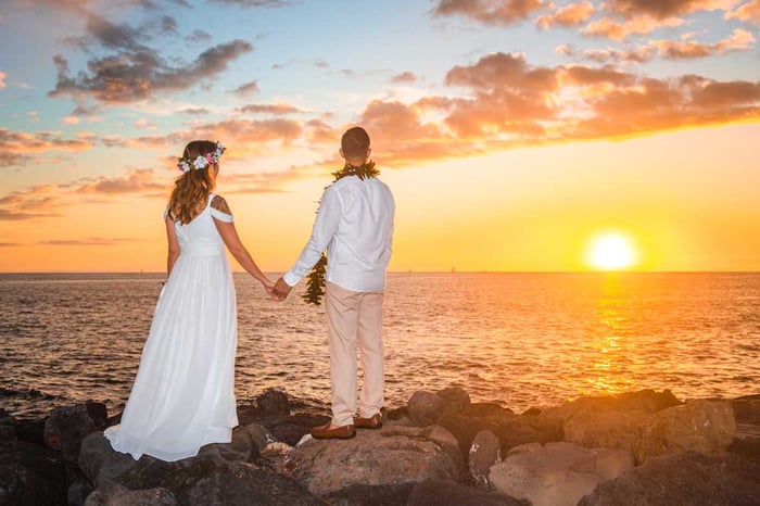 Sunset wedding at Magic Island, Oahu