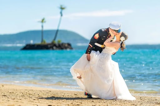 Military-wedding-kissing-on-the-beach-on-Oahu-Hawaii