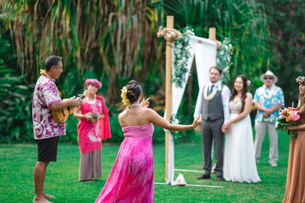 Traditional hula and music at a Hawaii wedding