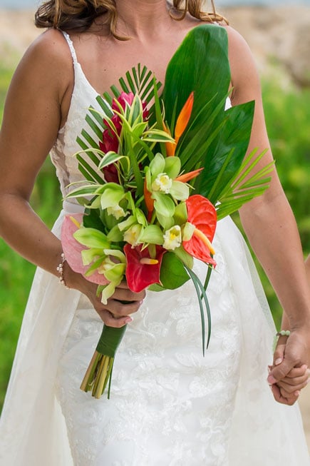 Premium tropical bridal bouquet with torch ginger, anthuriums, and orchids