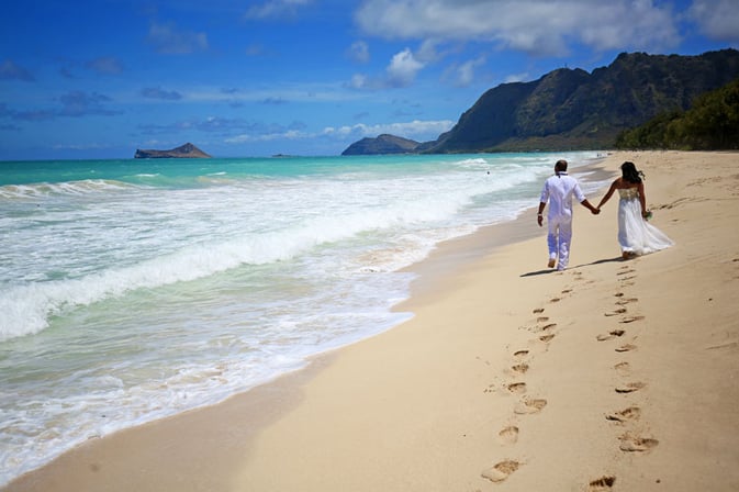 Newlyweds at a Waimanalo Beach wedding