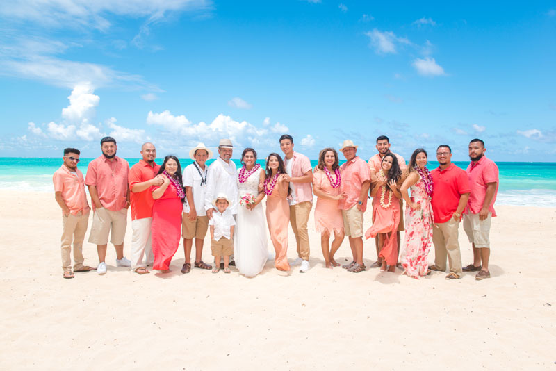 Group wedding photo at Sherwood Beach, Hawaii